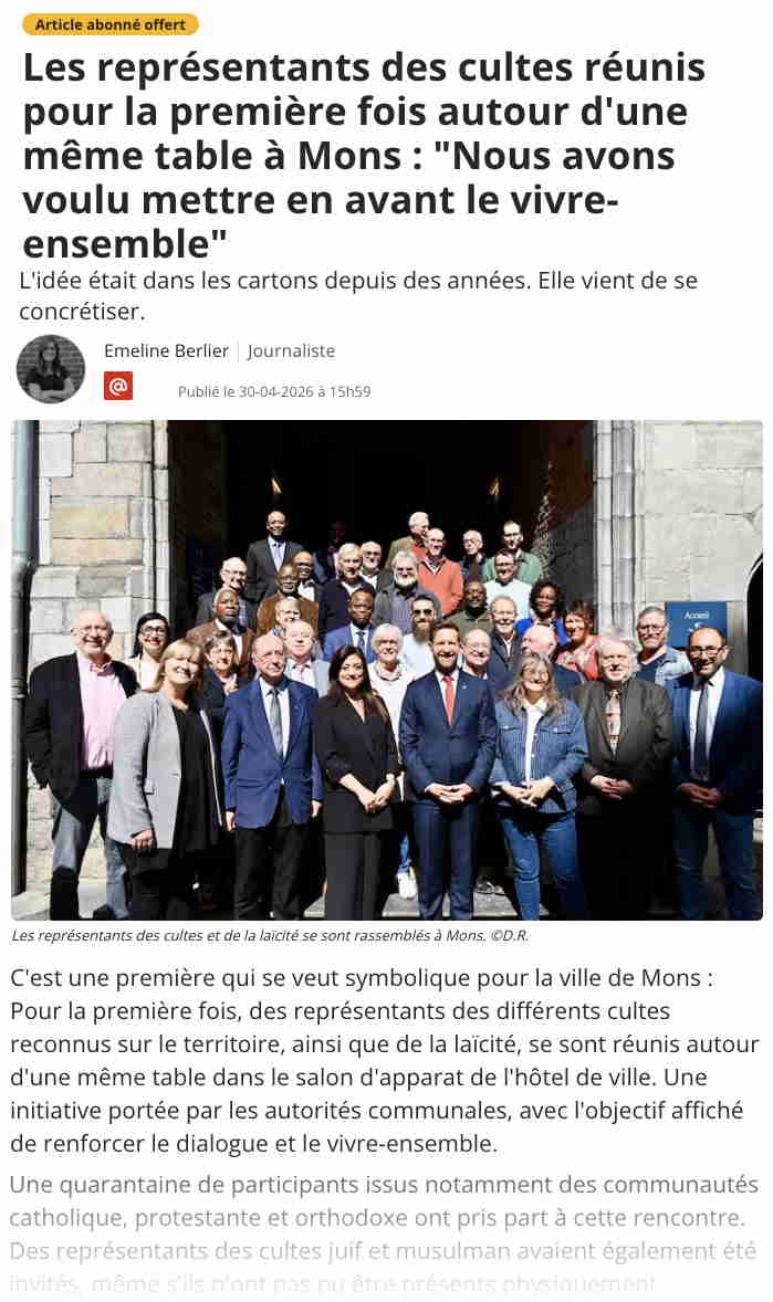 Page Internet. Hôtel de Ville, Mons. Des représentants des différents cultes reconnus sur le territoire, ainsi que de la laïcité, se sont réunis autour d|une même table. 2026-04-30